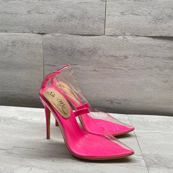 Fashion Nova Clear Neon Pink Pumps Sz 6 - Picture 3 of 5